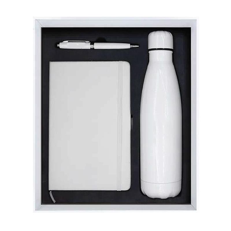 White Colour PU Notebook, White Metal Pen with Stylus & White Insulated Bottle